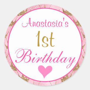 Meisjesachtige Prinses Roze en Gouden Glitters 1e Ronde Sticker