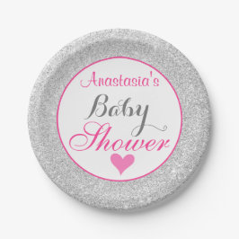 Meisjesachtige Prinses Roze en Zilver Glitter Baby Papieren Bordje