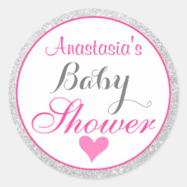 Meisjesachtige Prinses Roze en Zilver Glitter Baby Ronde Sticker