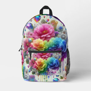 Meisjesachtige regenboog bloemen met glittersprenk bedrukte rugzak