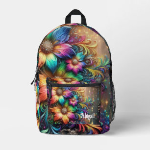 Meisjesachtige regenboog bloemen met glittersprenk bedrukte rugzak