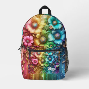Meisjesachtige regenboog bloemen met glittersprenk bedrukte rugzak