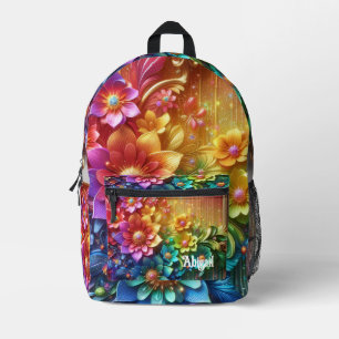 Meisjesachtige regenboog bloemen met glitterspuite bedrukte rugzak