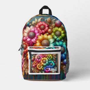 Meisjesachtige regenboog bloemen met glitterspuite bedrukte rugzak