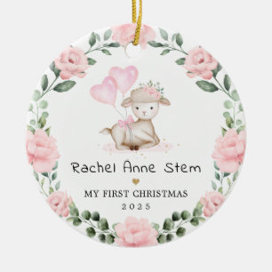Meisjesachtige roze bloemenkrans baby eerste kerst keramisch ornament