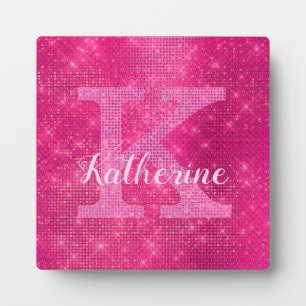 Meisjesachtige Roze Glitter Glamour Monogram Naam Fotoplaat