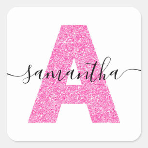 Meisjesachtige Roze Glitter Letter A Monogram Vierkante Sticker