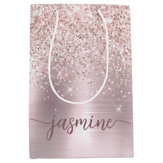 Meisjesachtige Roze Gouden Blush Glitter Monogram  Medium Cadeauzakje (Voorkant)