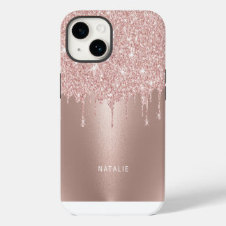 Meisjesachtige Roze Gouden Glitter Drips Aangepast iPhone 14 Hoesje