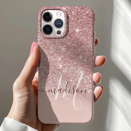 Meisjesachtige Roze Gouden Glitter Monogram Naam Case-Mate iPhone Case
