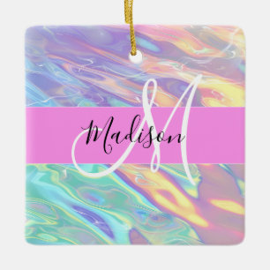 Meisjesachtige Roze Holografische Iriserende Monog Keramisch Ornament