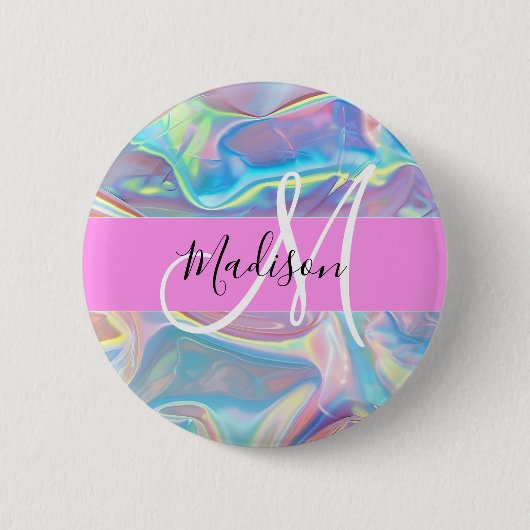 Meisjesachtige Roze Holografische Iriserende Monog Ronde Button 5,7 Cm (Voorkant)