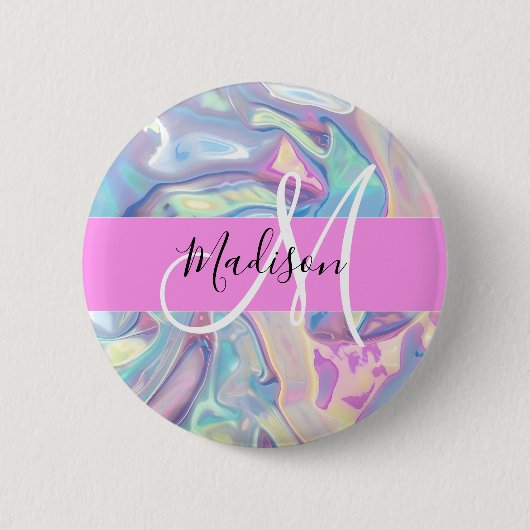Meisjesachtige Roze Holografische Iriserende Monog Ronde Button 5,7 Cm (Voorkant)