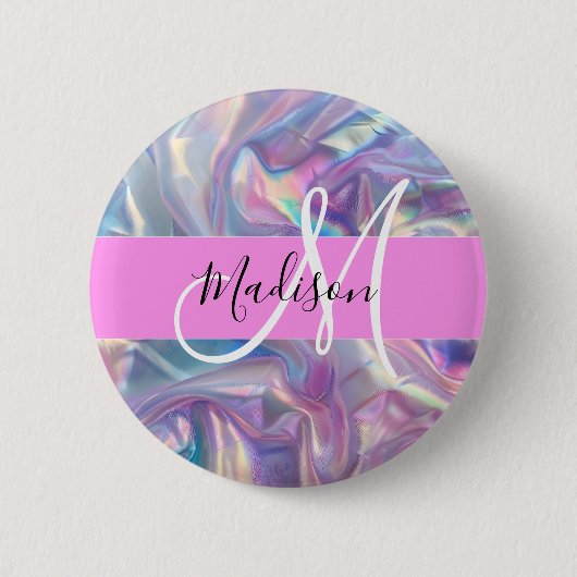Meisjesachtige Roze Holografische Iriserende Monog Ronde Button 5,7 Cm (Voorkant)