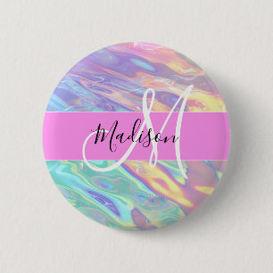 Meisjesachtige Roze Holografische Iriserende Monog Ronde Button 5,7 Cm