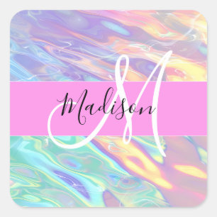 Meisjesachtige Roze Holografische Iriserende Monog Vierkante Sticker