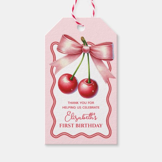 Meisjesachtige Roze Rode Coquette Kers Eerste 1e V Cadeaulabel (Voorkant)