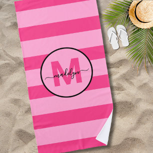 Meisjesachtige Roze Streep Script Naam Monogram Strandlaken