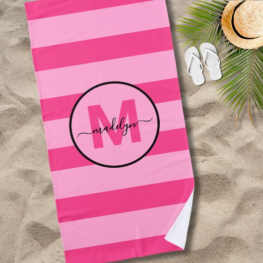 Meisjesachtige Roze Streep Script Naam Monogram Strandlaken