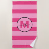Meisjesachtige Roze Streep Script Naam Monogram Strandlaken (Voorkant)