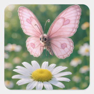 Meisjesachtige Roze Vlinder en Witte Madeliefje Vierkante Sticker