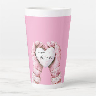 Meisjesachtige Roze Winterhandschoenen Witte Hart Latte Mok