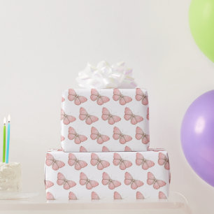 Meisjesachtige Roze Witte Vlinders Verjaardag Cadeaupapier