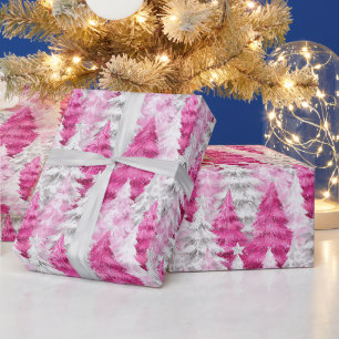 Meisjesachtige Roze Zilver Glam Kerstbomen Cadeaupapier