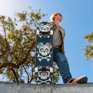 Meisjesachtige schedel en gekruiste botten skatebo persoonlijk skateboard