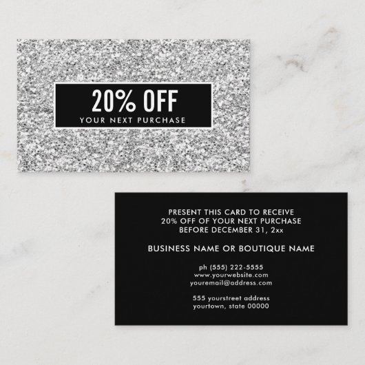 Meisjesachtige stijlvolle zilveren glitters zwarte visitekaartje (Voorkant / Achterkant)