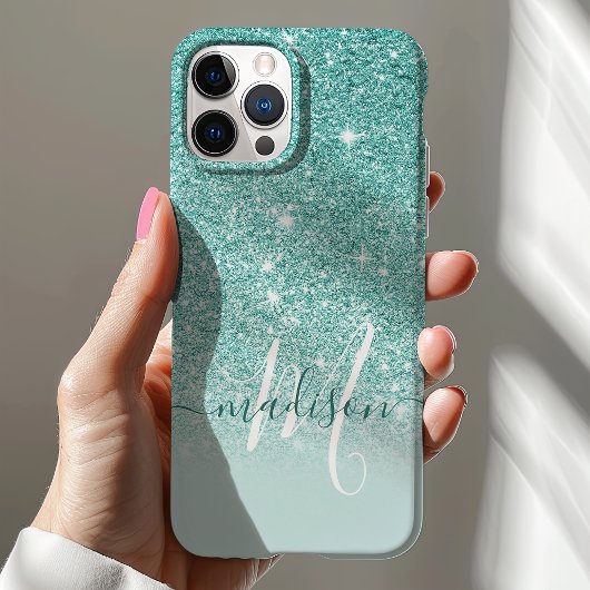 Meisjesachtige Teal Glitter Monogram Naam Case-Mate iPhone Case