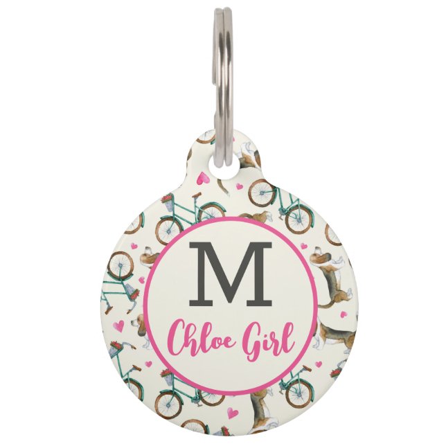 Meisjesachtige trendy fietsen honden roze script n huisdierpenning (Voorkant)