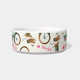 Meisjesachtige trendy fietsen & honden Roze script Voerbakje