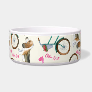 Meisjesachtige trendy fietsen & honden Roze script Voerbakje