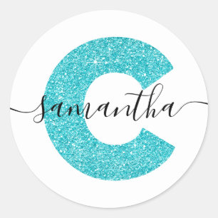 Meisjesachtige Turquoise Glitter Letter C Monogram Ronde Sticker