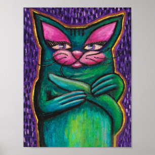 Meisjesachtige turquoise kat in oliepastel op paar poster