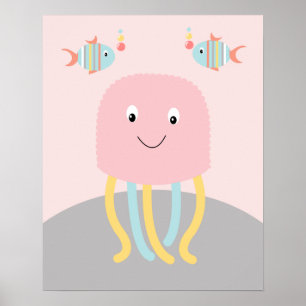 Meisjesachtige Zee Oceaan Leven Roze Kwallen Kunst Poster