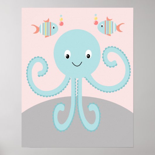 Meisjesachtige Zee Oceaangeweld Roze Octopus Kunst Poster (Voorkant)