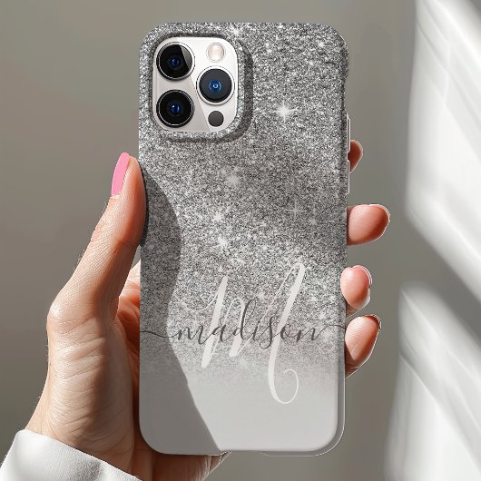 Meisjesachtige zilveren glinsterende monogramnaam Case-Mate iPhone case