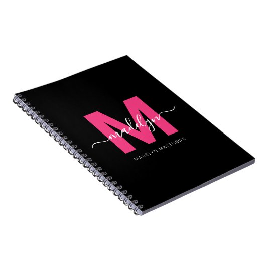 Meisjesachtige Zwarte Heet Roze Initiële Monogram  Notitieboek (Rechterzijde)