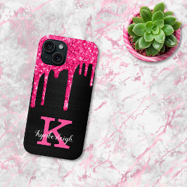Meisjesachtige zwarte roze glinsterende druppels m iPhone 15 case