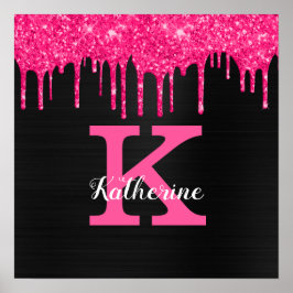 Meisjesachtige Zwarte Roze Glitter Druppels Monogr Poster