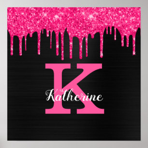 Meisjesachtige Zwarte Roze Glitter Druppels Monogr Poster