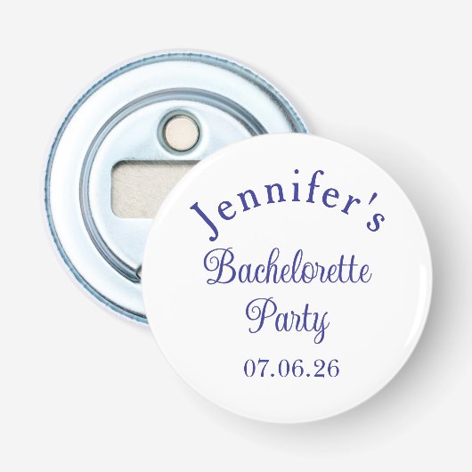 Meisjesavond Retro Modern Blauw Klasse Script Button Flesopener (Voorkant)