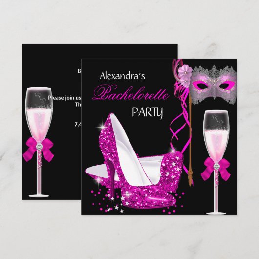 Meisjesavond Roze Masquerade Champagne Kaart (Voorkant / Achterkant)