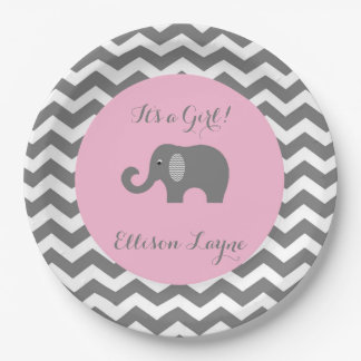Meisjesbaby shower borden met olifant en chevron papieren bordje