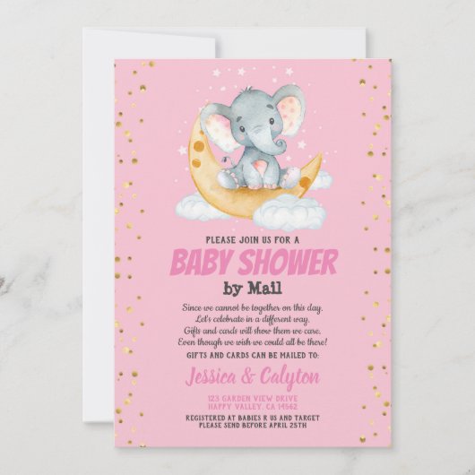 Meisjesbaby shower per post van olifant maan en st kaart (Voorkant)