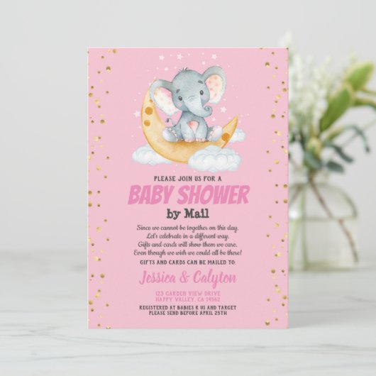 Meisjesbaby shower per post van olifant maan en st kaart (Staand voorkant)