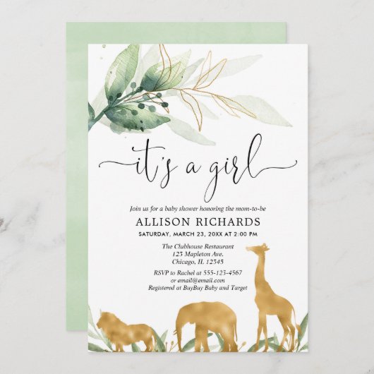Meisjesbaby shower, safari oerwoud gouden dieren kaart (Voorkant / Achterkant)