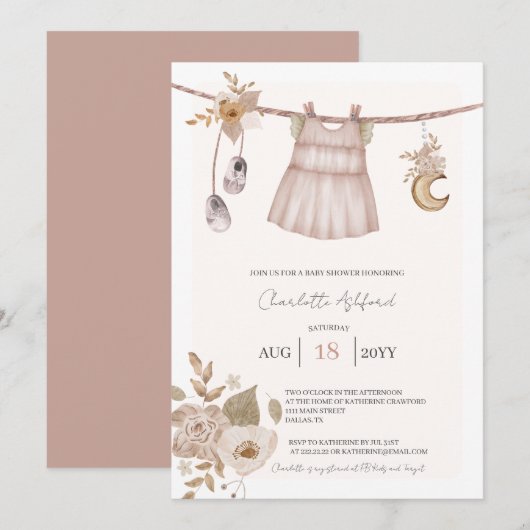 Meisjesbabykleren Boho babyshower uitnodiging (Voorkant / Achterkant)